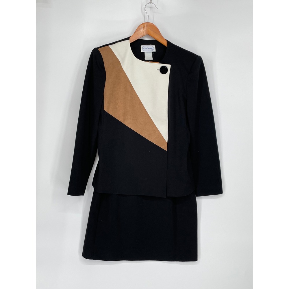 Vtg 70's Leslie Fay Women Skirt Suit 8 Vintage Black Colorblock Snakeskin Print